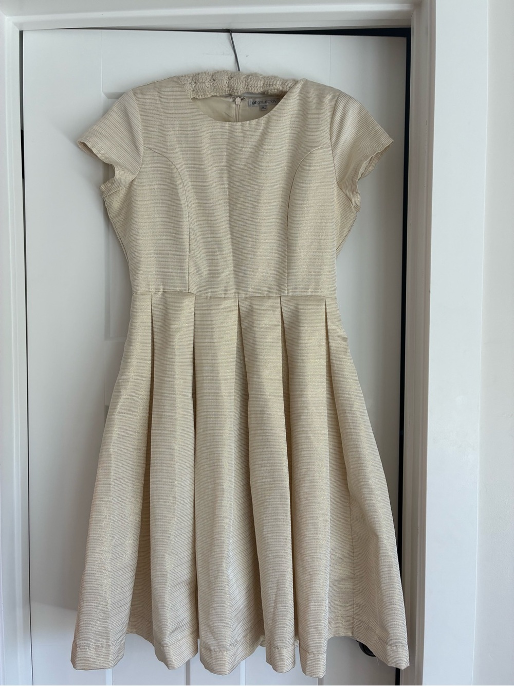 Downeast Outfitters Cream and gold metallic striped Pleated Fit-and-Flare Dress